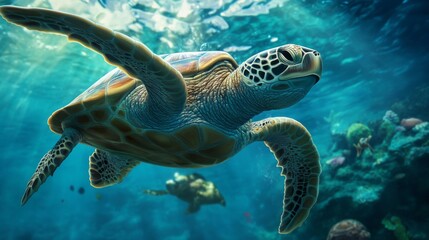 Obraz premium Green Sea Turtle Swimming Underwater in a Vibrant Coral Reef