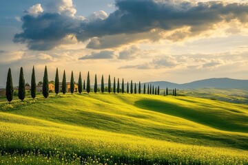 Rolling Hills of Tuscany at Golden Hour with Cypress Trees and Wildflower Meadows under Dramatic Cloud Formation