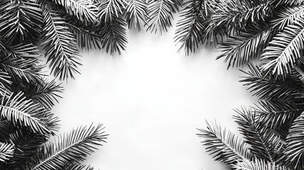 Elegant Black and White Pine Tree Branches Frame on White Background for Creative Design