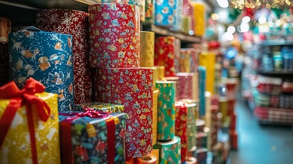 Fototapeta premium Colorful rolls of wrapping paper and gift boxes on shelves.