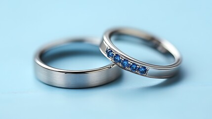 Couple's wedding rings, blue gemstones, light blue background. Possible use Jewelry advertisement
