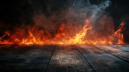Rustic Wooden Table Surface with Dramatic Flames and Smoke Perfect for Food Photography Background and BBQ Menu Presentation