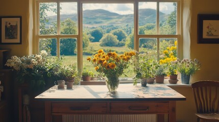 Fototapeta premium A vibrant display of various flowers arranged in elegant vases on a sunlit table near a window, enhancing the room's natural beauty and warmth.