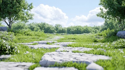 Stone path through grassy field, sunny day, trees background; nature scene