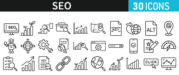 SEO icon set for web. Search Engine Optimization. Graph, traffic, optimization, analysis, target. Search Engine, chart and Marketing icons for web and mobile app.