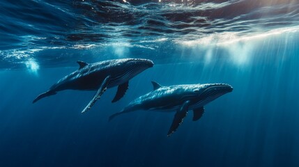 Obraz premium Two Whales Swimming Underwater in a Deep Blue Ocean