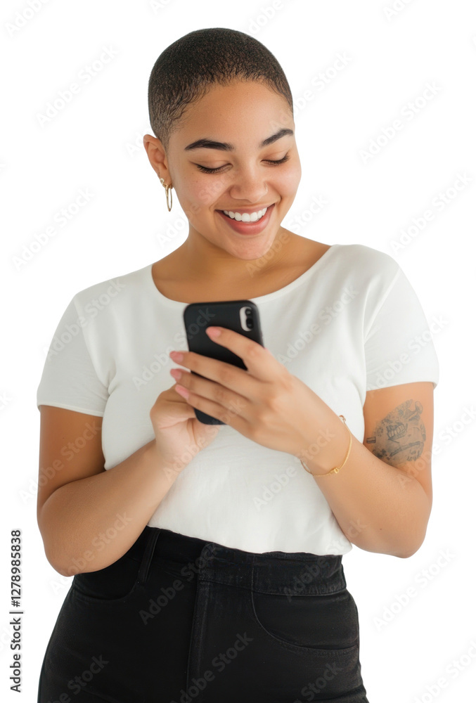 Sticker PNG Woman using a phone happy background portrait.