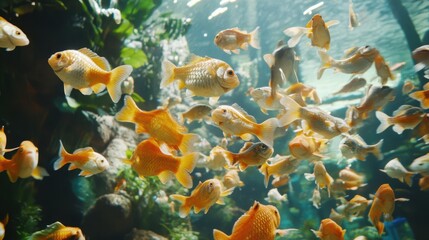 A vibrant tank filled with numerous goldfish swimming harmoniously, showcasing their lively colors and graceful movements in a serene aquatic environment.