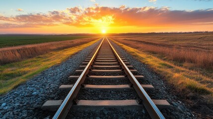 Obraz premium A serene landscape featuring abandoned train tracks stretching through a field under a vibrant sunset sky, evoking a sense of nostalgia and tranquility.