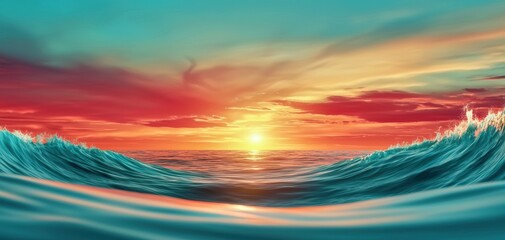 A vibrant sunset over the ocean, with colorful waves crashing against the shore, creating a serene and picturesque coastal scene.