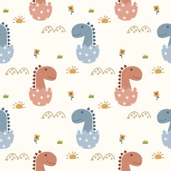 Dinosaur in egg cartoon so cute. On mountain flower sun grass background. Pattern seamless vector illustration. 