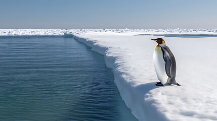 Obraz premium A solitary penguin stands on the edge of an icy shelf overlooking the ocean in a polar landscape