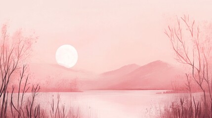 Fototapeta premium Pink Pastel Sunset Landscape with Lake and Mountains