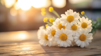 Obraz premium A collection of delicate white flowers elegantly arranged on a wooden table, showcasing their beauty and simplicity in a serene setting.