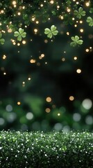 Obraz premium Dark green background adorned with shimmering shamrocks and glimmering bokeh creates a perfect St. Patricks Day atmosphere for celebrations