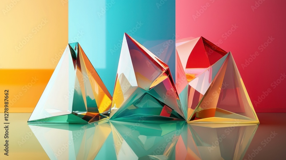 Poster an abstract 3d render with geometric shapes, bright colors, and reflective textures