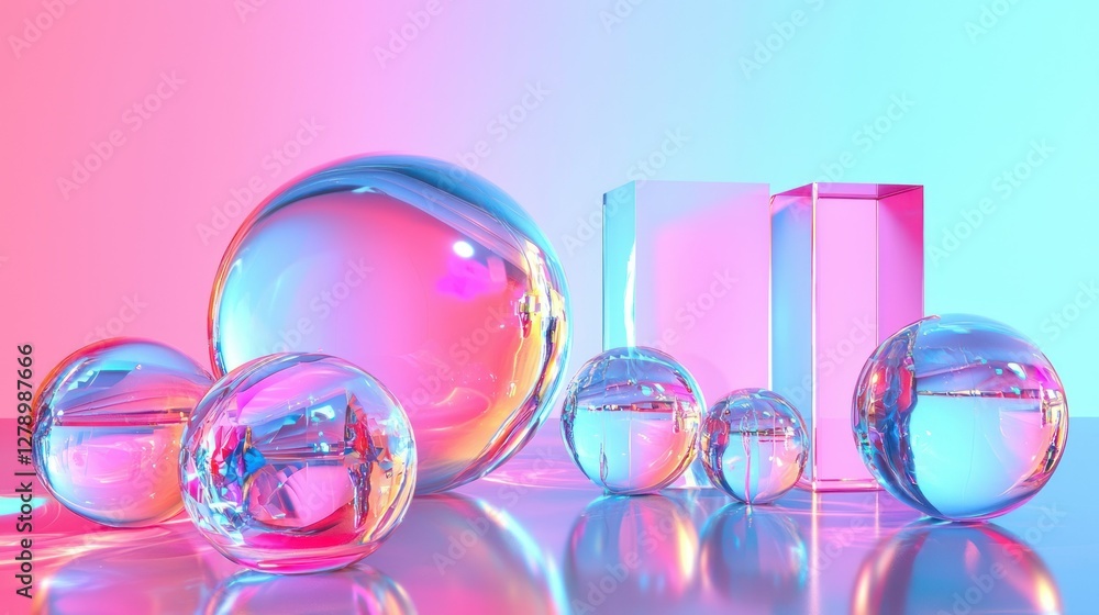 Poster an abstract 3d render with geometric shapes, bright colors, and reflective textures