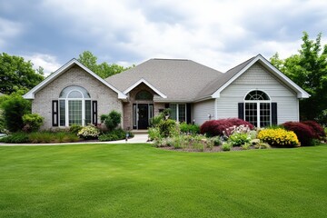 Beautiful suburban home with lush garden and vibrant landscaping under a cloudy sky showcasing modern architecture and outdoor living concept