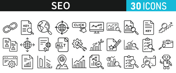 SEO icon set for web. Search Engine Optimization. Graph, traffic, optimization, analysis, target. Search Engine, chart and Marketing icons for web and mobile app.
