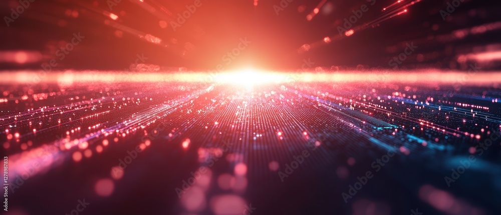 Aufkleber a vibrant, futuristic landscape featuring beams of light and data points, creating a sense of depth 