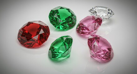 Fototapeta premium Colorful gemstones, faceted crystals, transparent jewels, round cut gems, vibrant colors, red ruby, green emerald, pink sapphire, clear diamond, precious stones
