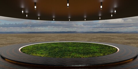 Round stage, curved showroom, technology background, modern, 3D illustration