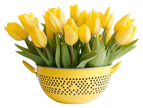 PNG Yellow tulips colander kitchen flower.