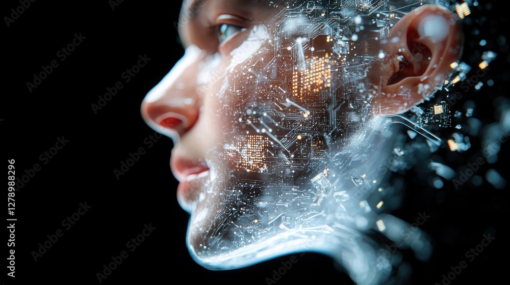 Poster transparent digital head with interconnected circuits, representing the future of advanced intellige