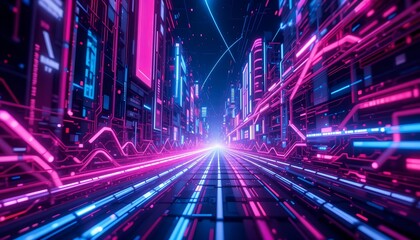 Abstract background with swirling neon circuits and energy sparks for smart city branding and futuristic urban design ads