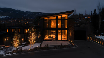 Fototapeta premium Modern luxury villa with large glass windows glows warmly at dusk in a snowy mountain landscape.