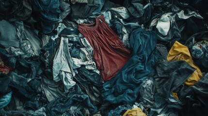 Striking visual commentary on consumerism with a chaotic pile of discarded clothes in a landfill setting highlighting environmental waste and unsustainable fashion practices