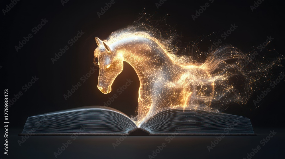 Leinwandbilder an open 3d book with glowing pages and magical elements emerging from it.