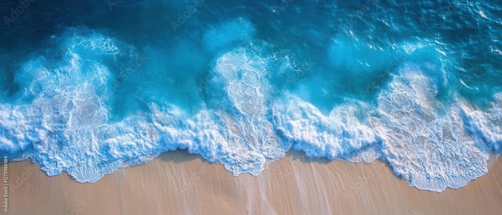 Poster stunning aerial top‑down view of ocean waves crashing on a pristine beach, creating a mesmerizing na