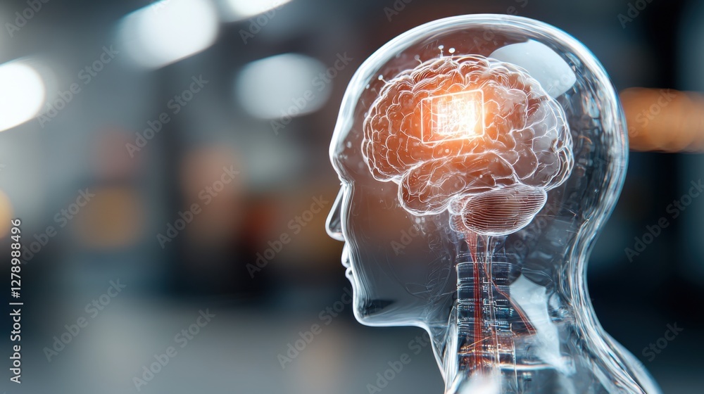 Poster a transparent, glass-like head with floating holograms displaying a visualization of digital informa