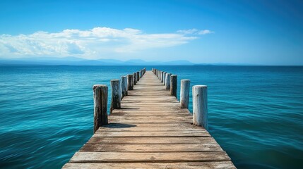 A weathered wooden pier reaching out into the ocean, surrounded by the vast blue sea and a clear sky.