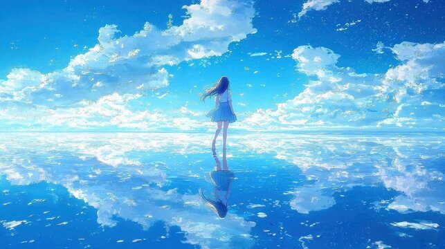 A stunning anime girl poses gracefully on the coast.