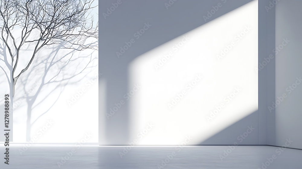 Poster a bare tree and its shadow displayed inside of a building