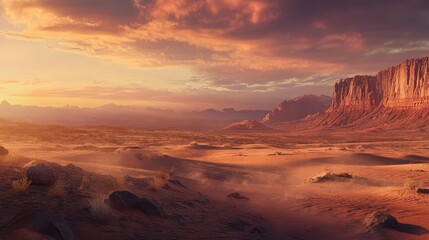 Naklejka premium Stunning Arizona desert panorama with rugged red rock formations vast arid dunes and a dramatic sunset sky capturing the raw beauty of nature
