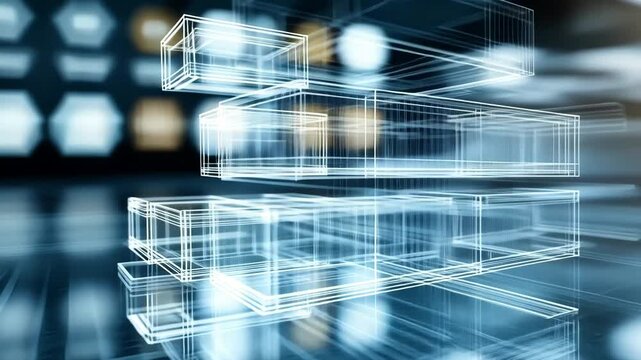 Digital wireframe structures showcase futuristic design with layers and depth, where modern technology meets interplay of light and shadow for dynamic visual experience.