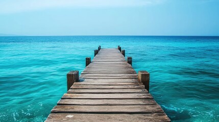 Obraz premium A wooden pier extending toward the ocean, with turquoise water gently surrounding the structure.