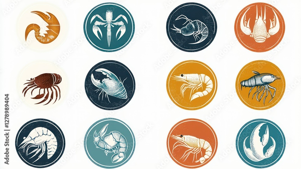Poster colorful seafood icons arranged in a circular badge format, perfect for menus or labels.