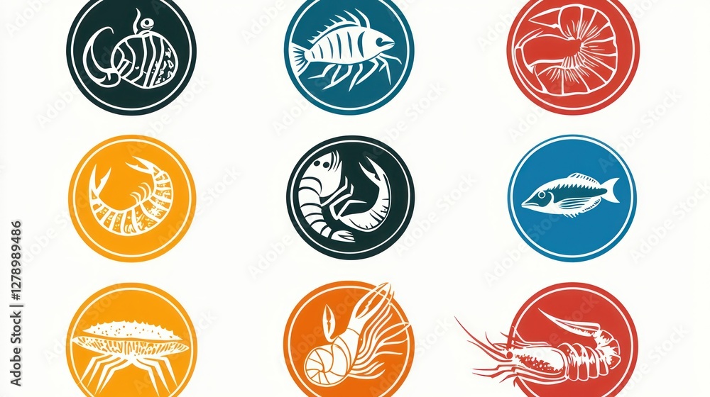 Poster colorful seafood icons arranged in a circular badge format, perfect for menus or labels.