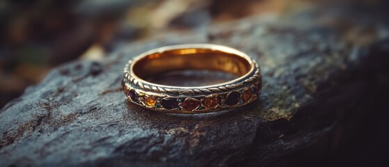 A golden ring with multicolored gems rests on a rugged stone, blending elegance with nature.