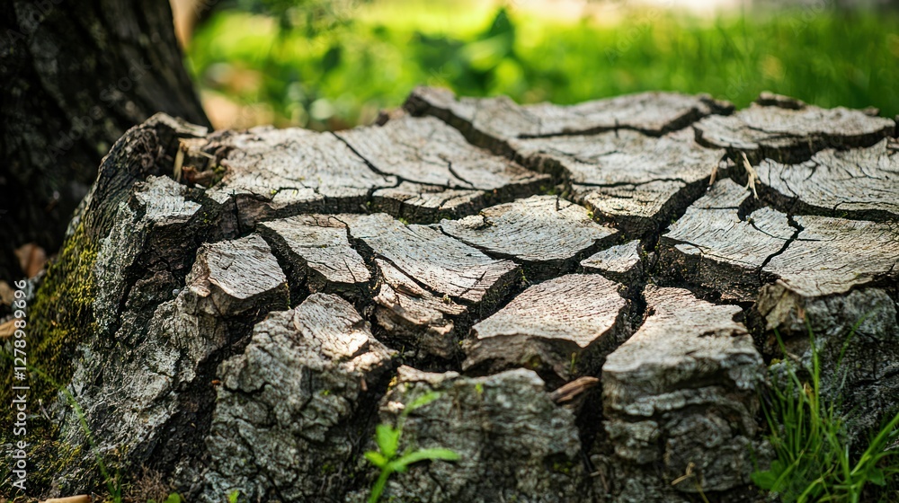 Poster cracked and peeling bark on an ancient tree trunk in a natural setting.