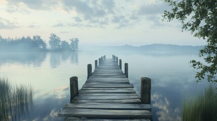 Naklejka premium A wooden pier stretching across the peaceful sea, with the early morning light casting soft reflections on the water.
