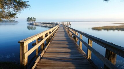 Naklejka premium A wooden pier stretching across the peaceful sea, with the early morning light casting soft reflections on the water.