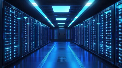 Fototapeta premium Futuristic server room with glowing blue racks, sleek floors, and advanced technology. Ideal for cybersecurity, cloud computing, and data infrastructure visuals