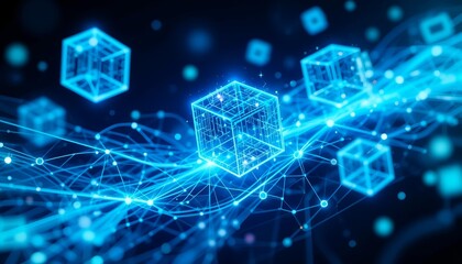 Abstract background with floating holographic cubes and dynamic motion trails for AI innovation and futuristic tech branding