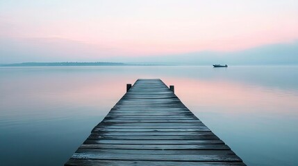 Naklejka premium A wooden pier stretching over the calm sea, with a distant boat visible on the horizon and the sky turning pink.