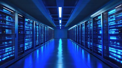 Modern server room with glowing blue racks and reflective floors, creating a high-tech data environment. Ideal for cybersecurity, cloud computing, and networking concepts